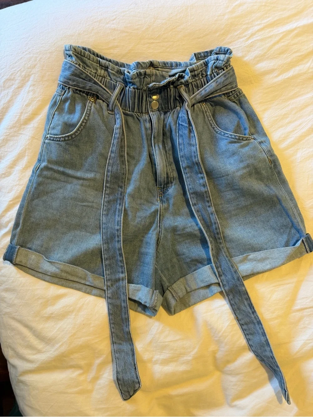 H&M Light Blue Paperbag Waist Denim Shorts with Self-Tie Belt
